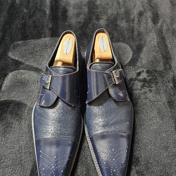 Navy Blue Leather Monk Strap Shoes